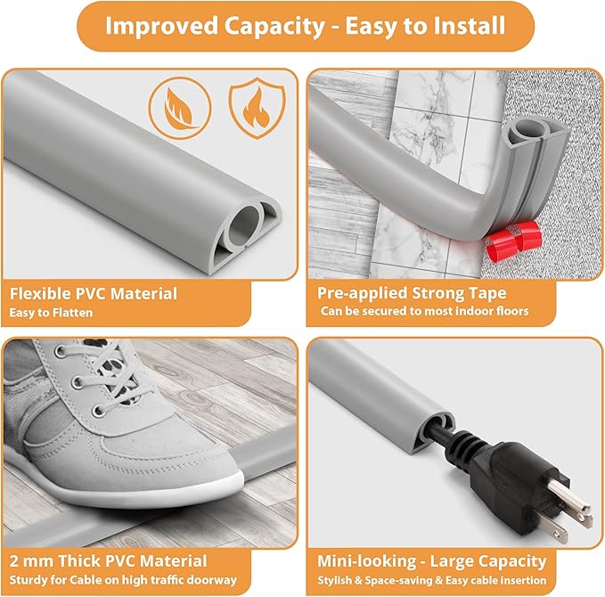 12ft Cord Cover Floor for Extension Cords, Self-Adhesive Floor Cable Cover to Protect Cables & Prevent Tripping, PVC Cord Hider Protector, Internal Wire Management Channel Diameter: 0.39", Grey