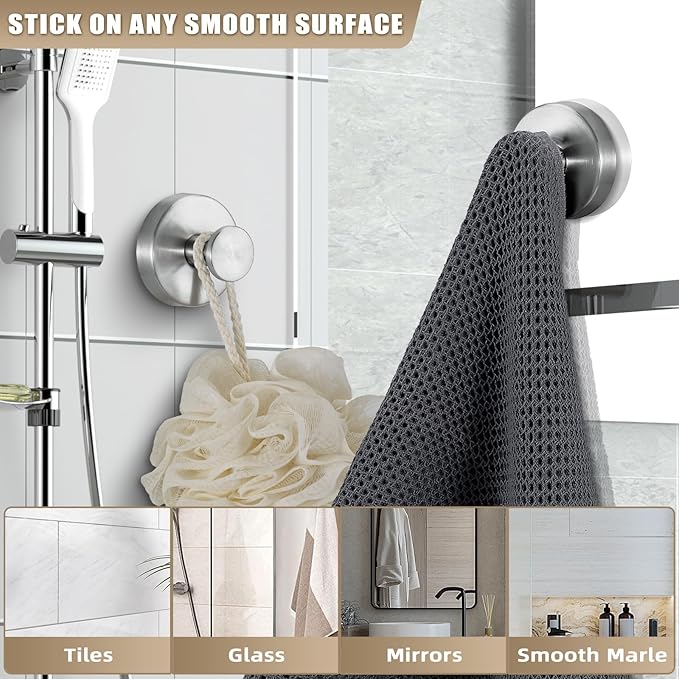 Suction Cup Hooks for Shower No-Drill Bathroom Hooks for Towels, Robes, Loofah Mountable on Bathroom Walls, Kitchen, Glass, Mirrors, Tile and Smooth,Non-Porous Surfaces (2, Brushed Nickel)