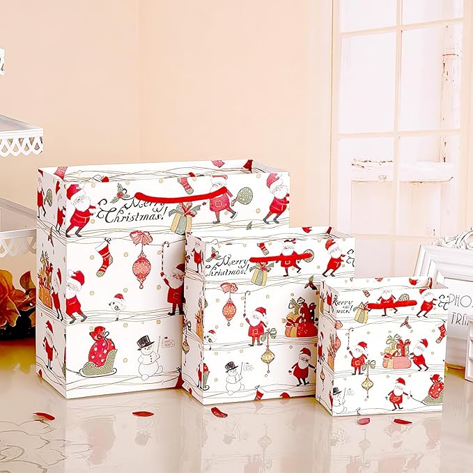 SHIPKEY 12 Pack Christmas Gift Bags, Santa Claus Holiday Paper Bags in 3 Assorted Sizes with Tissue Paper, Reusable Xmas Treat Bags for Gifts, Parties, and Holiday Wrapping