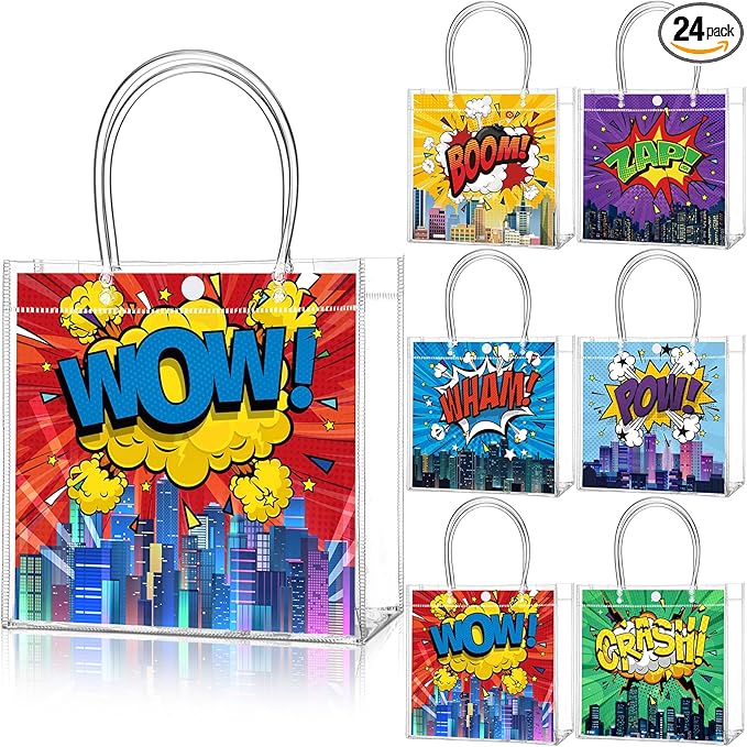 Teenyyou 24 Pcs Hero Clear Favor Bags with Handles Hero Party PVC Treat Plastic Gift Bags for Birthday Party Rewards Supplies