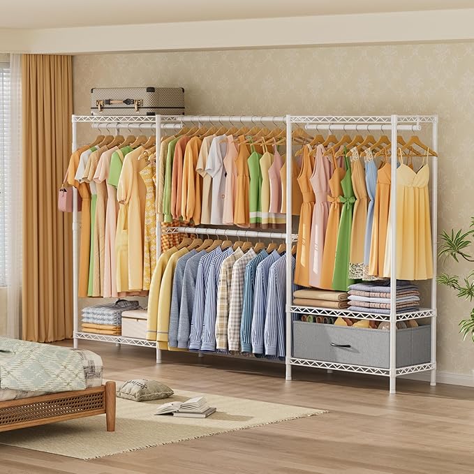 Golpart Coat Rack Clothes Wardrobe：Closet Organizer and Storage Clothing Garment Rack with Shelves Heavy Duty for Hanging Clothes Portable Adjustable White 15.8" DX(70-88)" WX76.5 H