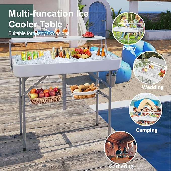 2 Tiers 4 Foot Ice Cooler Table, Folding Tailgate Camp Fishing Cleaning with Matching Skirt & Drain Hose, Plastic Ice Table for Party, BBQ, Camping, Picnic, Barbecues to Keep Drinks Cool, White
