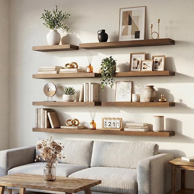 Venusmiles Floating Shelves for Wall, 48 Inch Floating Shelves Set of 1, 6.5" D Wooden Wall Mounted Display Shelves with Invisible Brackets for Living Room, Bedroom, Bathroom, Kitchen Decor, Walnut