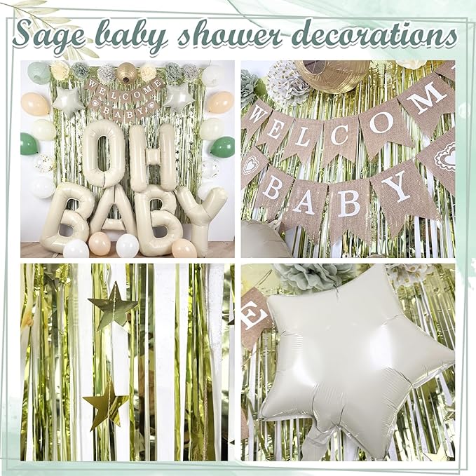 Sage Green Baby Shower Decorations 40 Inch Beige OH BABY Balloons Welcome Baby Banner, Paper Lanterns, Tissue Pom Poms, Star Garland, Neutral Gender Reveal Birthday Party Supplies