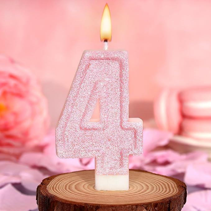 Cute Number 4 Birthday Candle, Glitter Pink Number Candles, Birthday Cake Topper Decoration, Party Supplies Anniversary Celebrations