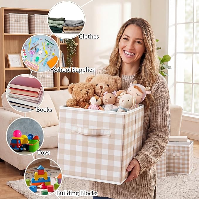 Yalikop 6 Pcs Beige Checkered Cube Storage Bins, 11 Inch Fabric Gingham Classroom Storage Bins Organizer with Handle Preppy Collapsible Cubby Basket for Classroom Home Nursery Playroom Bedroom