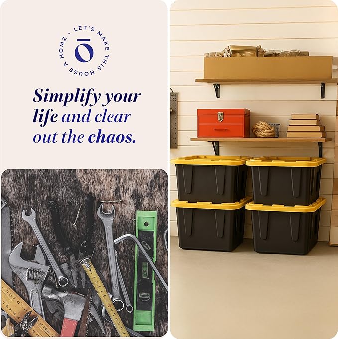 HOMZ 4-Pack Durabilt Tote, Heavy Duty Plastic Storage Bins with Lids, 27 Gallon, Black/Yellow - Stackable Organizing Containers for Home, Garage, and Shed