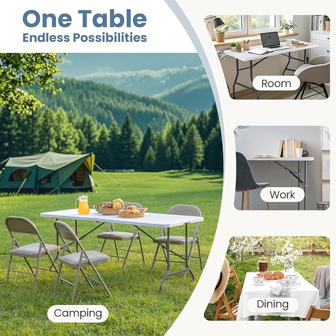 DUMOS 3.8 FT Folding Picnic Table Easy to Fold and Store, Foldable Table for Camping Picnic Dining Party Kitchen Outdoor Indoor with Carrying Handle