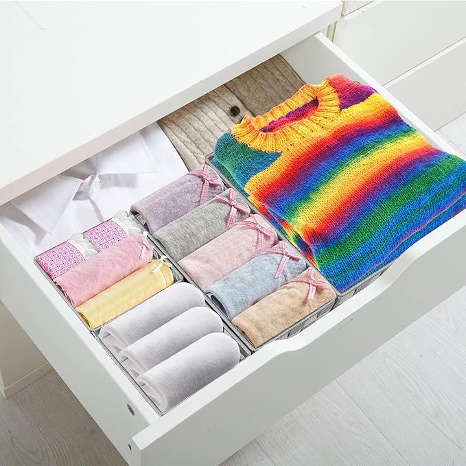 Posprica Drawer Organizer Bins,Woven Strap Storage Box Cube Basket Containers Divider for Organizing drawers, Shelves, Closets, Cabinets, Dressers and Countertops,set of 4, Light Grey