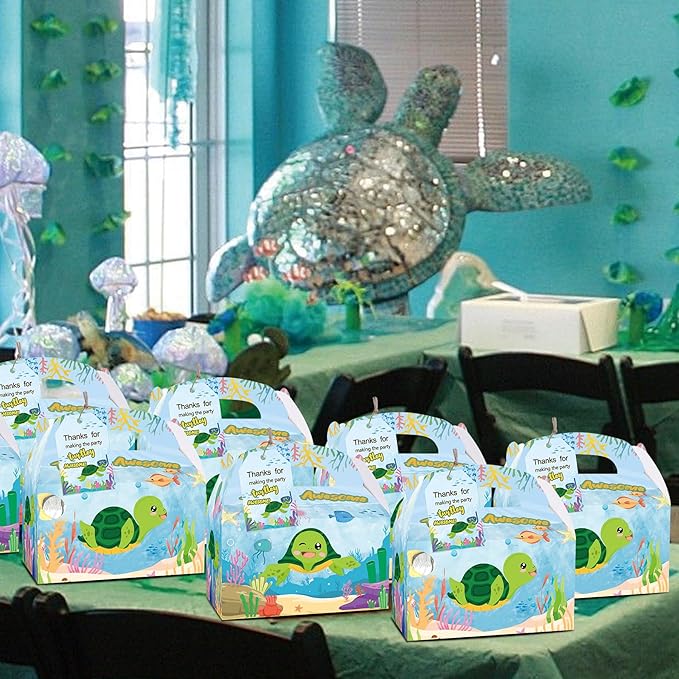 24PCS Sea Turtle Party Favor Gift Boxes With 24 Thank You Tags, Ocean Under the Sea Turtle Goodie Candy Treat Bags for Birthday Baby Shower Decorations Supplies