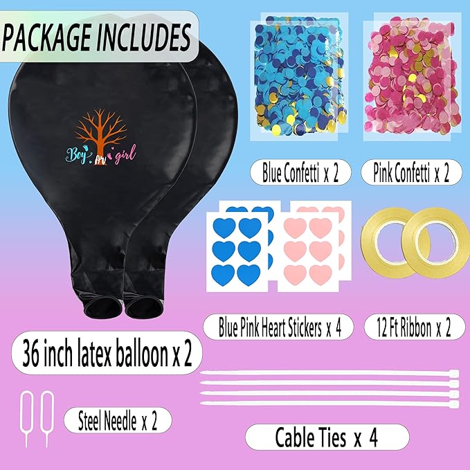 Gender Reveal Heart Sticker Tree Balloons, Black Baby Boy or Baby Girl Balloons, with Pink and Blue Heart Stickers and Confetti for Gender Reveal & Baby Shower