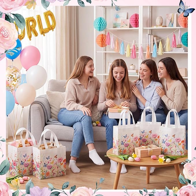 Sweetude 16 Pcs Wildflower Gift Bag with Handles Wildflower Butterfly Party Favors Non Woven Reusable Tote Bags for Baby Shower Spring Summer Floral Birthday Party Decorations