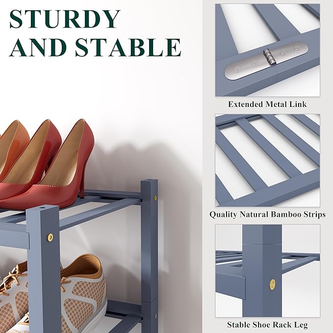 Smiry Long Bamboo Shoe Rack, 5 Tier Free Standing Wooden Shoe Organizer, Stackable Wood Shoe Storage Shelf for Closet, Entryway, 12 Vertical Slats, 2+2+1 Stack Standard Legs, 33.7"x11"x32.5", Grey