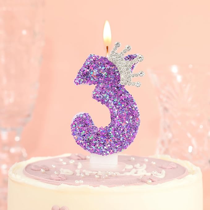 Birthday Number Candles,Purple Crown Birthday Candles for Cake,Glitter Number 3 Candle Cake Topper with Sequins for Anniversary Celebrations Supplies