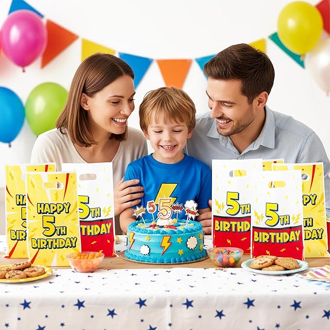 Andi Cppss Happy Birthday Party Favor Bags - 50PCS Red White Yellow Lighting Bolts Plastic Goodie Bags with Handle for Kids Cartoon Goody Treat Candy Gift Bag for Girls Boys 5th Birthday Party Favors