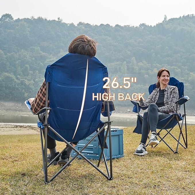 EVER ADVANCED High Back Folding Camping Chair Oversized and Fully Padded, Portable Quad Camp Lawn Chair Up to 300 lbs, with Cup Holder Armrest Carrying Bag