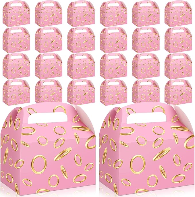 Marspark 24 Pack Pink with Gold Ring Party Favor Treat Boxes with Handles Themed Goodie Candy Gift Boxes for Birthday Party Decoration Video Game Supplies