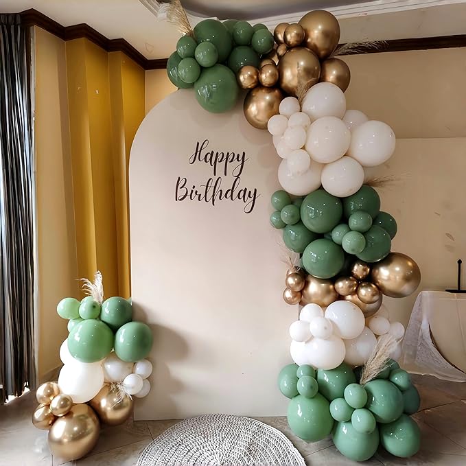 Dusty Sage Green and Gold Balloons, 12 Inch Retro Olive Green White Gold Latex Muted Balloon Set for Girls Birthday Wedding Jungle Baby Bridal Shower Camp Bachelorette House Warming Party Decorations