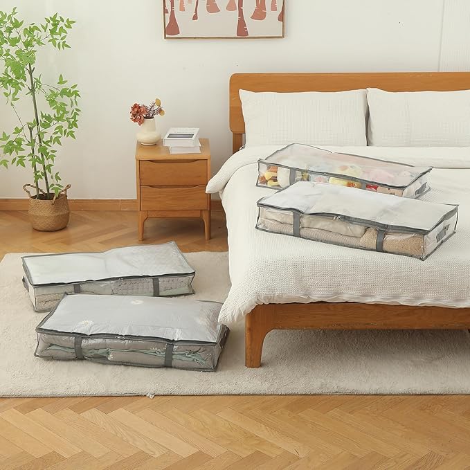 3 Pack Under Bed Storage Bags, Humid-proof Material Plastic Underbed Storage Containers, Blanket/Clothes Storage Bins with Lid, Closet/Bedding Comforter/Sheet Storage and Organizer
