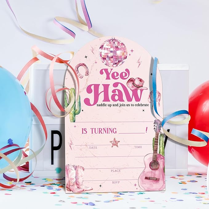 Retro Disco Birthday Party Invitations, Pink Cowboy Theme Birthday Invitation for Girls, 20 Pink Dance Disco Invitations Cards with Envelopes, Party Decorations Supplies (arch)