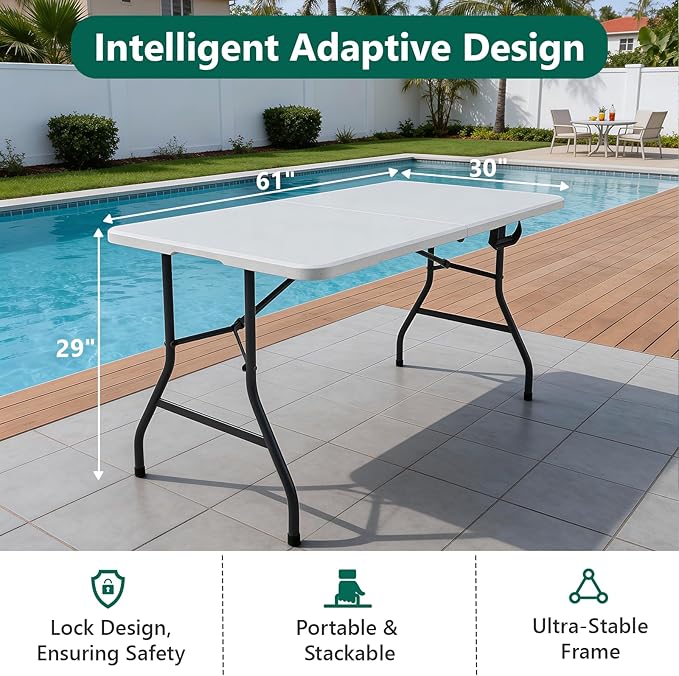 Folding Table 2 Pack, 5FT Folding Table Portable with Built-in Handle, Heavy Duty Plastic Table with Steel Legs Supports to 300lbs, Suitable for Party, Camping, Events Indoor&Outdoor Use, White