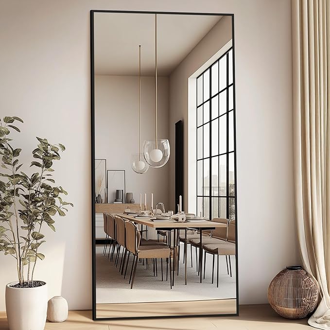 76"X34" Large Floor Mirror Full Length with Stand, Oversized Black Free Standing Full Length Mirror for Bedroom Living Room Home Gym, Rectangular Full Body Mirror, Tempered Glass