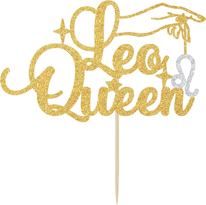 Leo Queen Cake Topper, Big Leo Energy/Leo Season Cake Decor in July August, 12 Zodiac Constellation Leo Birthday Party Decoration Supplies for Women, Gold Glitter