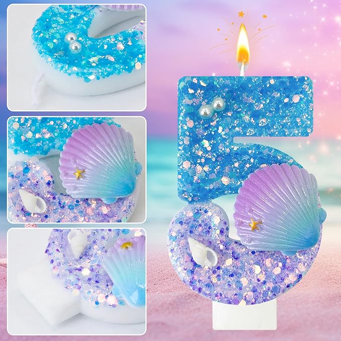 Blue and Purple Birthday Candles, 5th Birthday Cake Decoration, Cupcake Candles，Suitable for Mermaid Theme Party Cake Decoration (5)