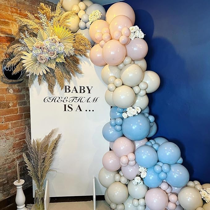 Gender Reveal Balloon Arch Garland Kit, 140Pcs Dusty Pink Misty Blue White Sand Nude Balloons for Boho Neutral Baby Shower Boy or Girl Gender Reveal Birthday Bear Theme Party Decorations