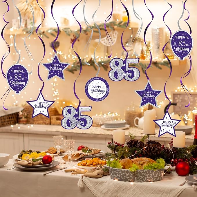 Happy 85th Birthday Purple & Silver Glitter Swirls Streamers Party Decorations - 15 Pcs 85th Birthday Hanging Swirls Streamers Kit,Perfect for 85th Bday Party Sign.