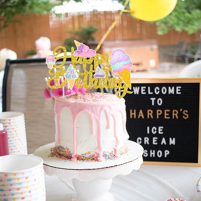 Birthday Cake Topper Decorations - Glitter Summer Ice Cream Party Decorations - Colorful Ice Cream Themed Kids Birthday Party & Baby Shower Supplies