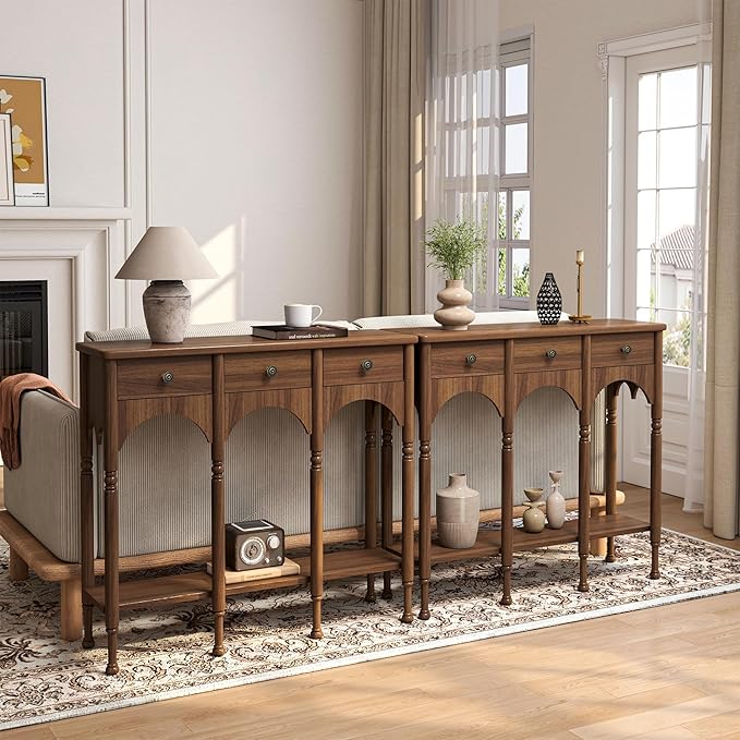 Console Table with 2 Drawers & Shelf, 40" Mid-Century Modern Entryway Table, Retro 2-Tier Sofa Table, Wooden Accent Table for Living Room, Hallway, Black