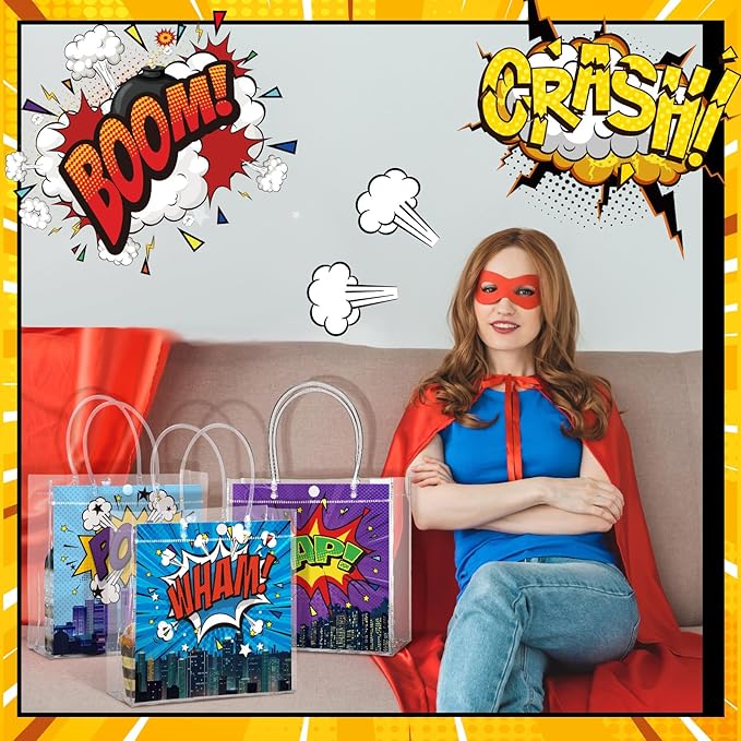 Teenyyou 24 Pcs Hero Clear Favor Bags with Handles Hero Party PVC Treat Plastic Gift Bags for Birthday Party Rewards Supplies