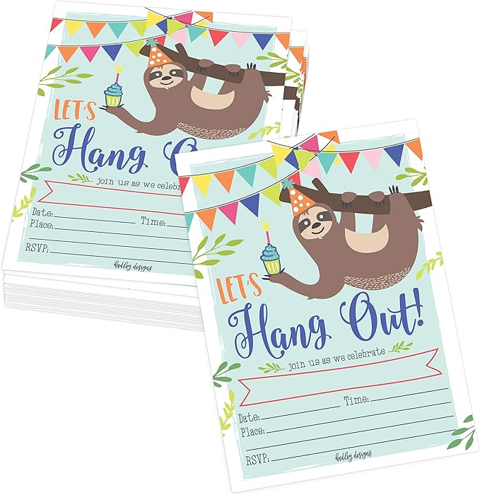 Hadley Designs Kids Birthday Invitations For Boys and Girls Sloth Theme - 25 Sloth Birthday Party Invitations For Boys, Let's Hang Out Invites For Girls, Cute Animal Party Supplies, Made In USA