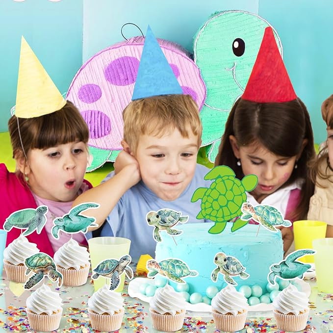 Turtle Birthday Decorations 24pcs Sea Turtle Theme Cake Toppers for Boys Ocean Animals 1st 2nd 3rd Birthday Decors Under the Sea Cake Decorations Underwater Baby Shower Gender Reveal Party Supplies