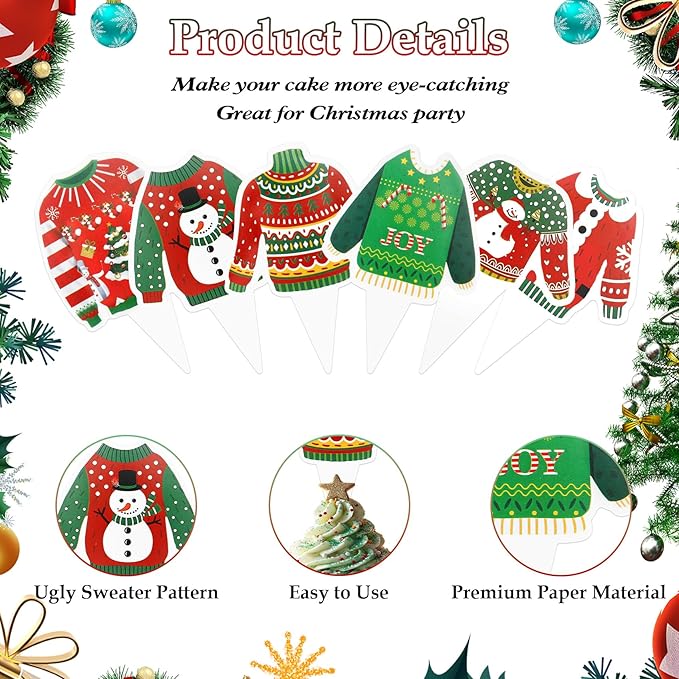 Ugly Sweater Cupcake Toppers, 36 PCS Christmas Cupcake Toppers Party Decorations, Christmas Holiday Cake Decoration Food Picks Topper for Xmas Winter Birthday Party Decorations Supplies, 6 Designs