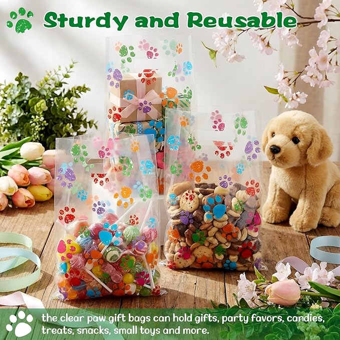 Pasimy 100 Pcs Dog Paw Gift Bags Bulk Pet Paw Puppy Plastic Treat Favor Candy Goodie Bags with Handle for Dog Birthday Party Decoration Supplies(Clear Colorful)