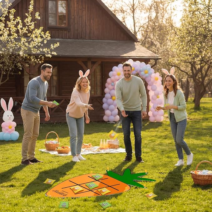 Hollowfly Easter Games Carrot Party Favors Tic Tac Toe Game Bean Bag Toss for Indoor Outdoor Yard Lawn Adults Family Night Easter Activities, 1 Carrot Felt Mat and 10 Bunny Egg Bags