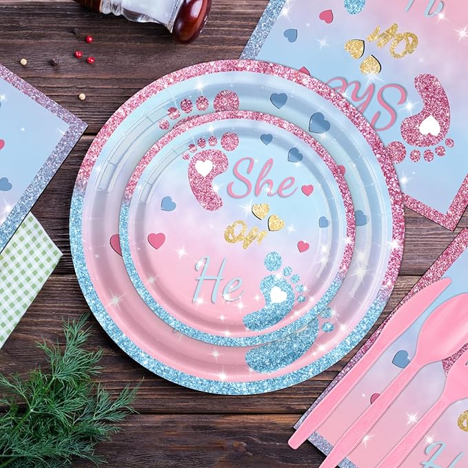 Gender Reveal Decorations 258 PCS Boy or Girl What Will Baby Be Banner He or She Plates Napkins Cups Tablecloth Pink Blue Baby Reveal Balloons Set Gender Reveal Party Supplies Serve 24