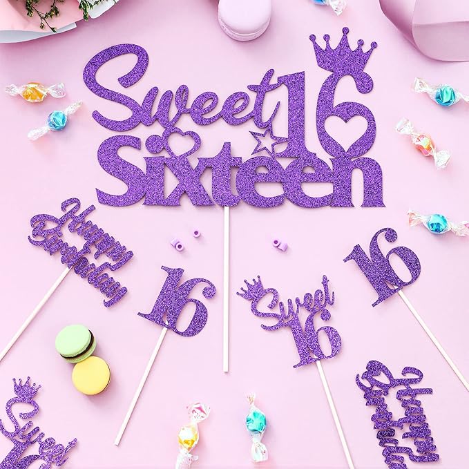 25 Pack 16th Birthday Cake Decorations Purple, Sweet 16 Sixteen Cake Topper, Happy Birthday Sweet 16 Cupcake Toppers for Boys Girls Happy 16th Birthday Party Supplies