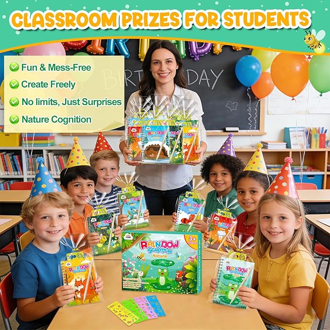 ZMLM 24 Pack Scratch Art Party Favors for Kids 4-8 – Individually Wrapped Rainbow Notebooks, Mess-Free Goodie Bag Stuffers, Non-Candy, Classroom Prizes, Travel Crafts for Boys Girls(Nature)