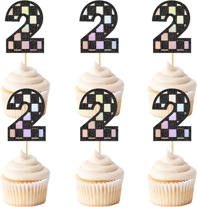 Ercadio 24 Pack Number 2 Cupcake Toppers Checkered Two Cupcake Picks for Smiley Assorted Racing Car Theme Baby Shower 2nd Birthday Party Cake Decoration Supplies
