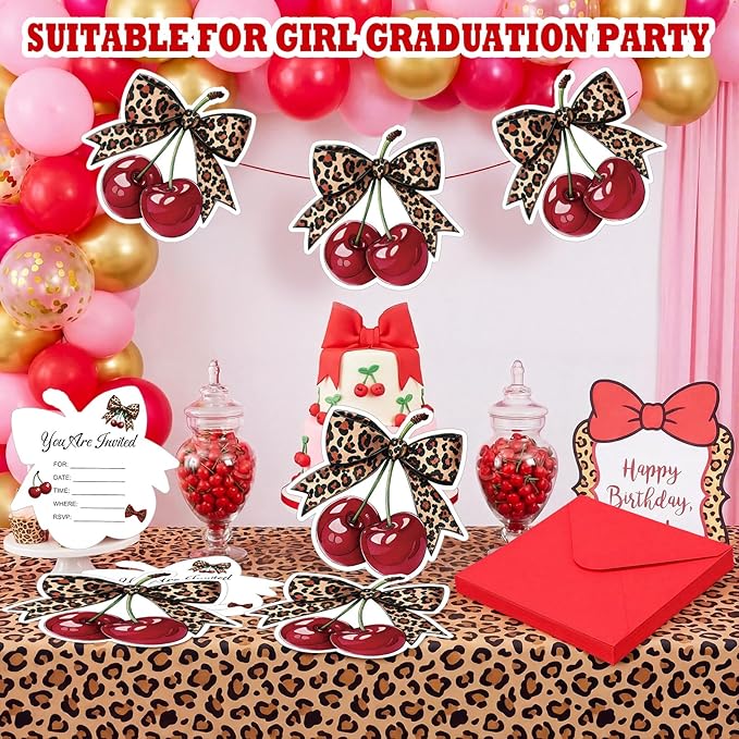 Marspark 25 Set Cherry Cheetah Print Birthday Invitation Paper Card with Envelopes and Leopard Stickers Wedding Birthday Bachelorette Invitation Party Supplies for Girls Dinner Favors, 5 x 6 Inch