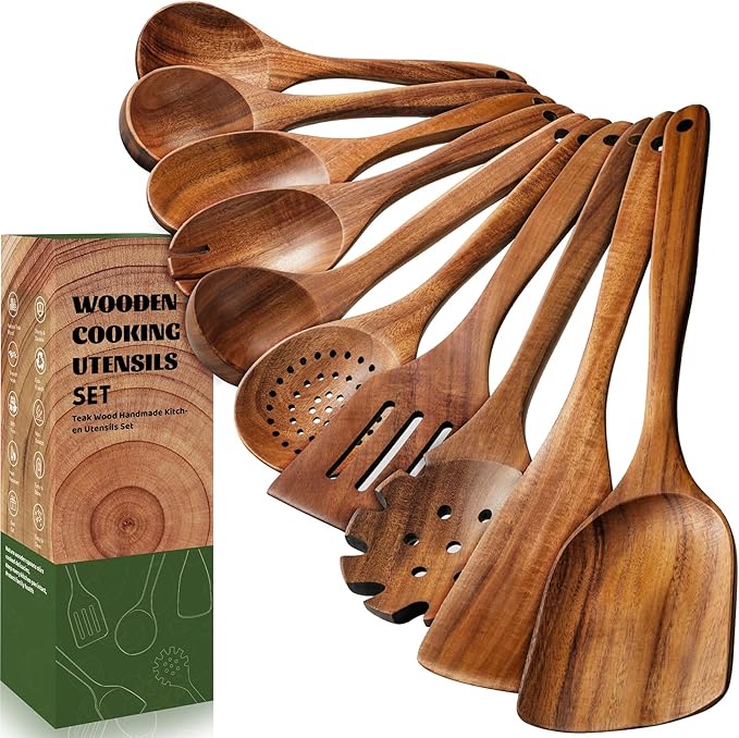 Terlulu 10 Pcs Wooden Spoons for Cooking, Natural Teak Wooden Kitchen Utensils Set, Durable Cooking Utensils Set with Comfort Grip for Cookware, Smooth Finish&NonStick& Heat Resistant Wooden Spatula