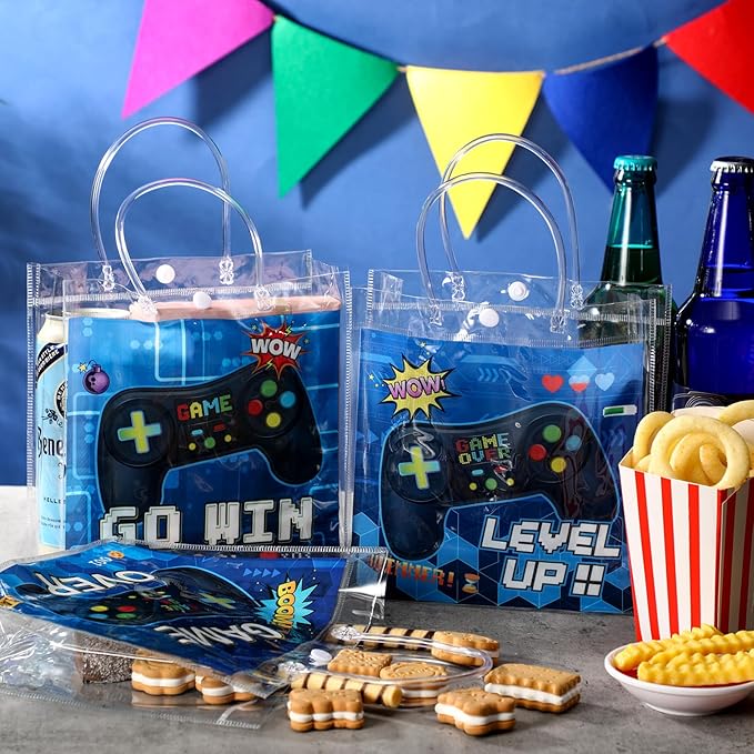 Teenyyou 24 Pcs Video Game Party Favor Bags PVC Clear Goodie Treat Tote Gift Bags with Handles Gaming Theme Birthday Party Supplies