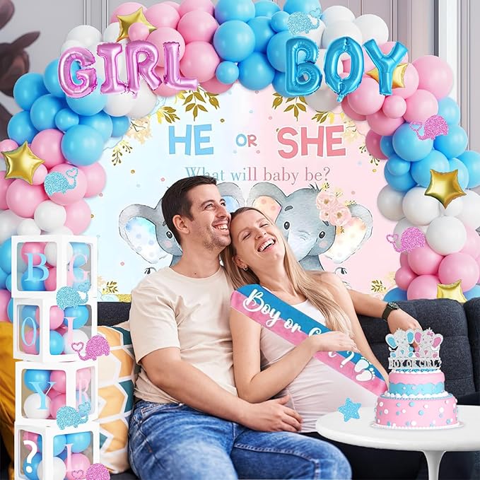 172 PCs Elephant Gender Reveal Decorations, Hombae Boy or Girl Gender Reveal Decorations What Will Baby Be Backdrop Balloon Garland Banner Tablecloth Cake Cupcake Topper Box Cutout Poster Sash