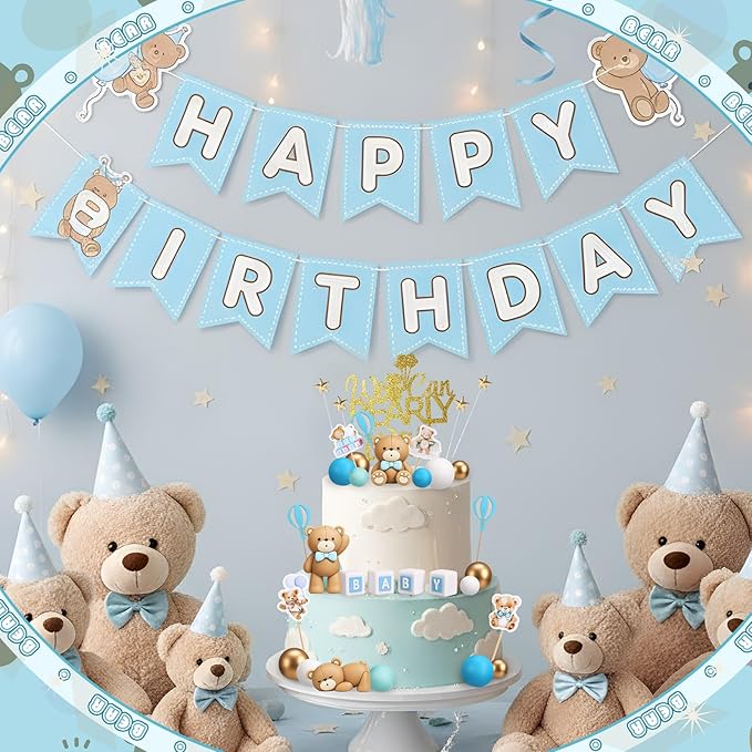 Beeveer 42 Pcs Bear Cake Toppers Bear Balls Cake Decorations Baby Shower Cupcake Toppers Candle Decorations Supplies for Birthday Party Wedding Baby Shower (Blue)