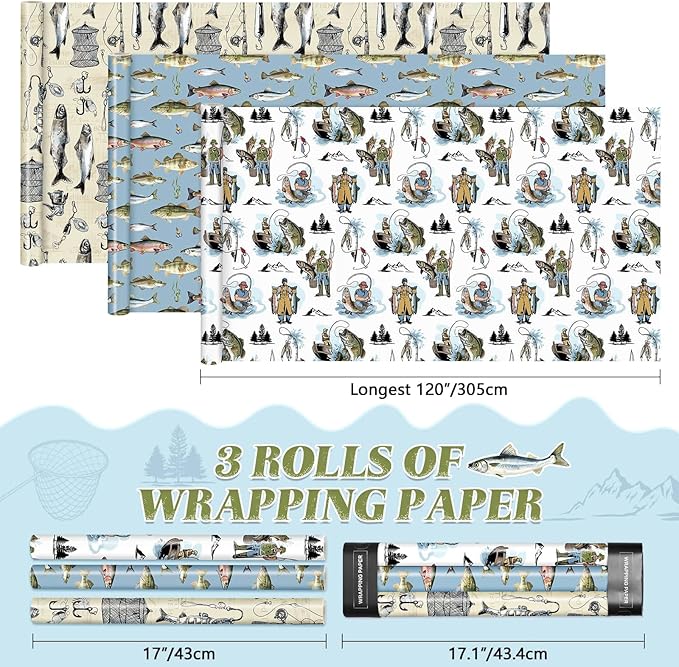 WERNNSAI Fishing Wrapping Paper Roll - 3 Rolls 17” x 120“ Fish Gift Wrap for Men Fishing Enthusiasts with Fishermen Fishes Fishhook Design Good for Birthday Father's Day Retirement Ocean Themed Party