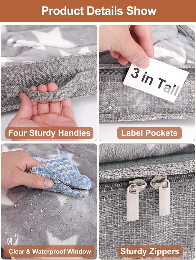 punemi 3-Inch Low Profile Under Bed Storage Containers，No-Structure, Soft Foldable Zippered Underbed Cloth Blanket Storage bins — Fits Under Crib, Couch，Sofa or Dorm bed, 4-Pack, 20x40x3in
