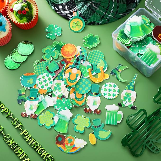 300 Pieces St. Patricks Day Cake Decorations Wafer Paper Cupcakes Topper St. Patricks Day Supplies Wafer Paper Birthday Cake Decor for Saint Patricks Day Theme Party Cake Cupcake Shamrock Gnome